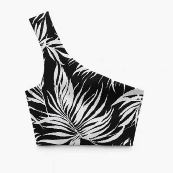 Zara One Shoulder Palm Print Jacquard Cross Over Crop Top Size Small - Picture 7 of 7